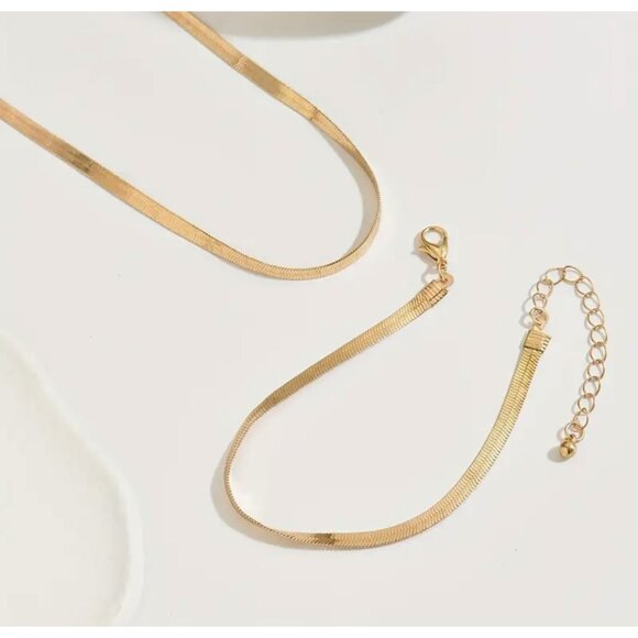 14K Gold Plated Herringbone Necklace & Bracelet Set For Women - Picture 2 of 3